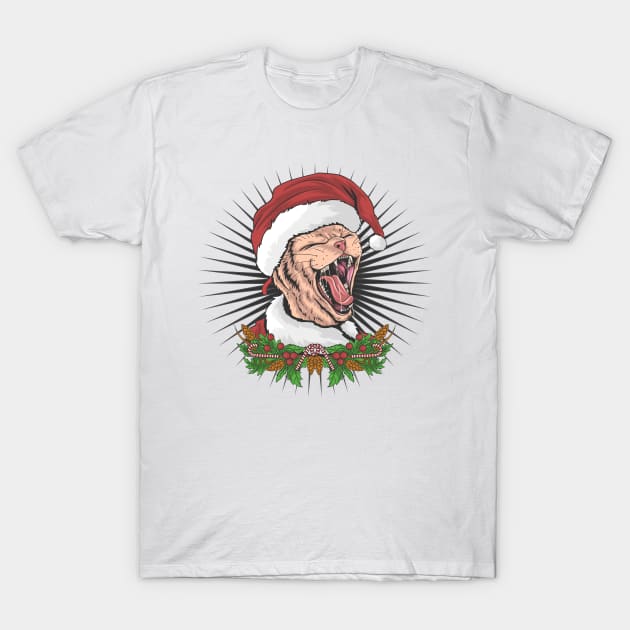 Christmas Cat Is Wearing A Santa Claus Hat And Screaming T-Shirt by YousifAzeez